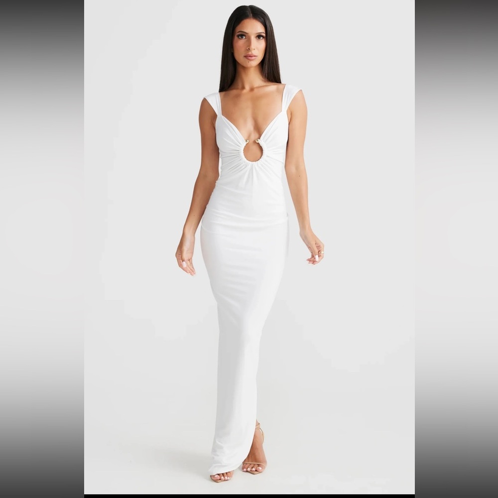 White and Gold Plunge Maxi Dress for Brides